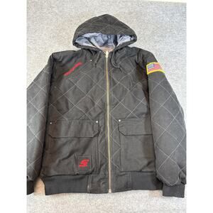 VINTAGE Snap On Tools Quilted Jacket Mens Large Black Lined Hooded USA Workwear